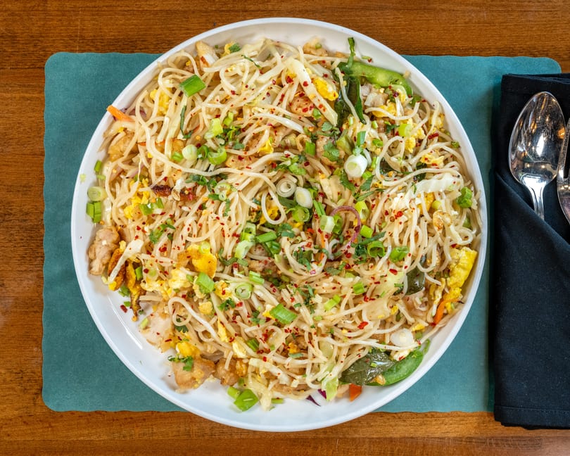 A white bowl of chicken chow mein with noodles, vegetables, and scrambled egg on a wooden table.